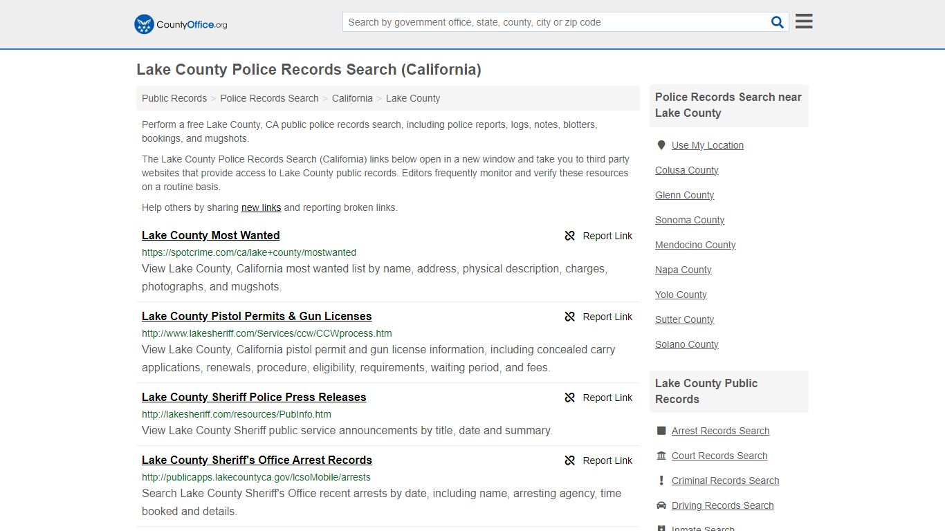 Lake County Police Records Search (California) - County Office